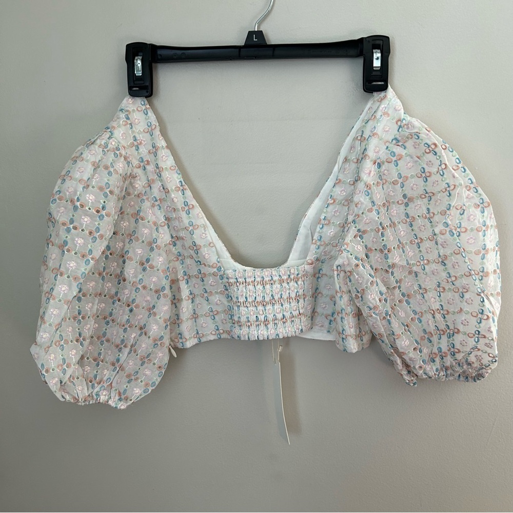 For Love And Lemons White Eyelet Crop Top with Pastel Blue Print - Picture 6 of 14